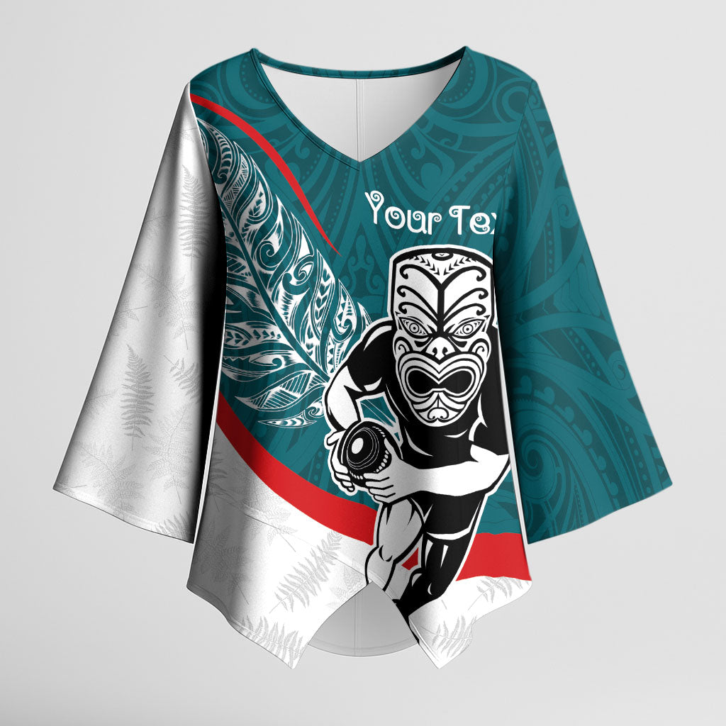 Personalised Aotearoa Lawn Bowls Kimono Sleeve Blouse Maori Warrior and Silver Fern Sporty Style Teal LT03 Female Teal - Polynesian Pride
