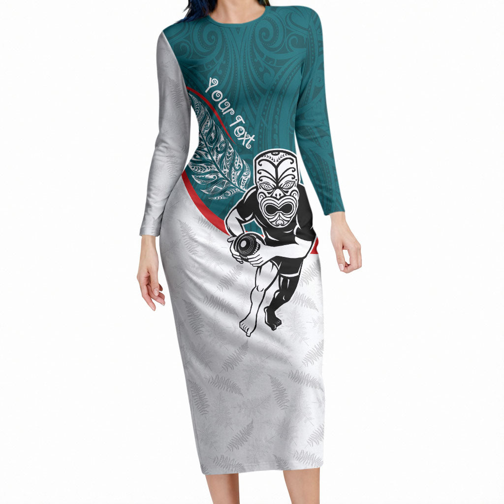 Personalised Aotearoa Lawn Bowls Long Sleeve Bodycon Dress Maori Warrior and Silver Fern Sporty Style Teal