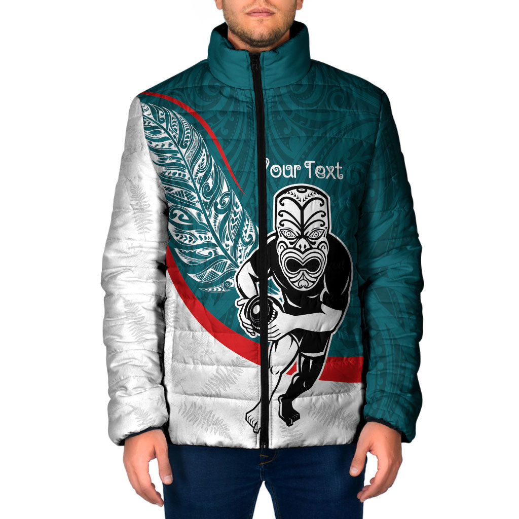 Personalised Aotearoa Lawn Bowls Padded Jacket Maori Warrior and Silver Fern Sporty Style Teal