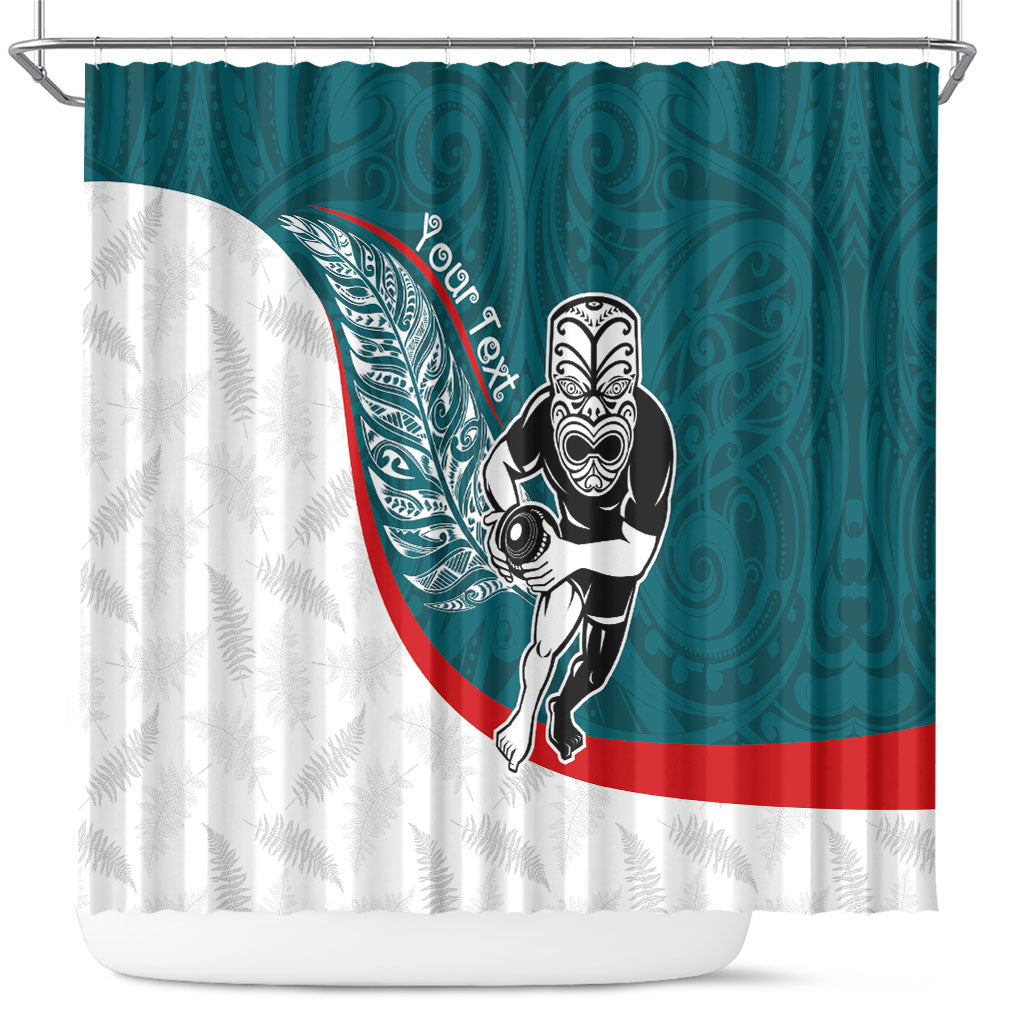 Personalised Aotearoa Lawn Bowls Shower Curtain Maori Warrior and Silver Fern Sporty Style Teal LT03 Teal - Polynesian Pride