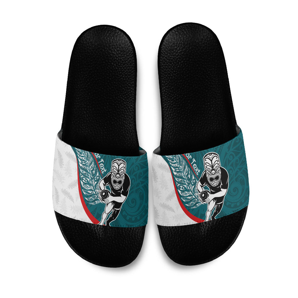Personalised Aotearoa Lawn Bowls Slide Sandals Maori Warrior and Silver Fern Sporty Style Teal LT03 Teal - Polynesian Pride