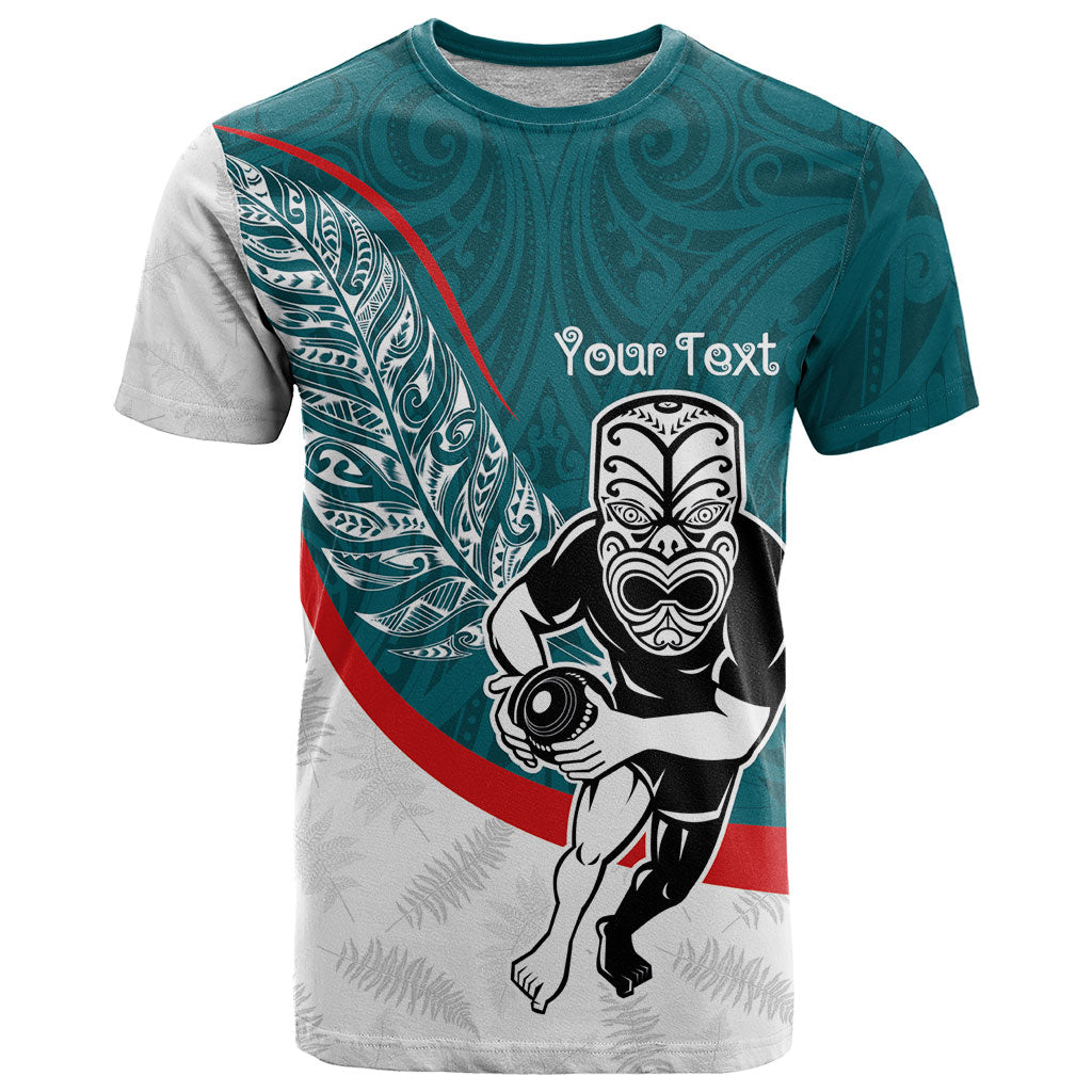 Personalised Aotearoa Lawn Bowls T Shirt Maori Warrior and Silver Fern Sporty Style Teal
