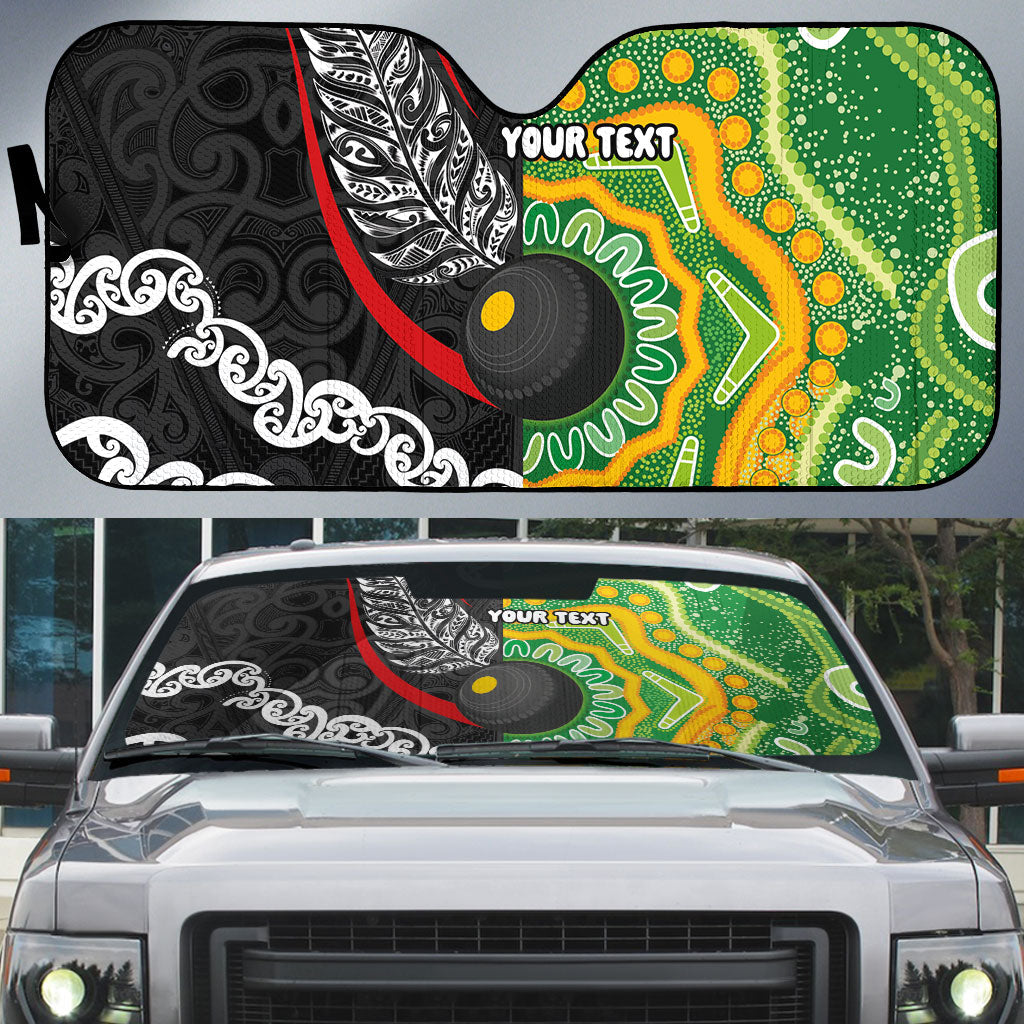 Personalised Aotearoa and Australia Lawn Bowls Auto Sun Shade Maori Fern and Aboriginal Pattern LT03 Multicolor - Polynesian Pride