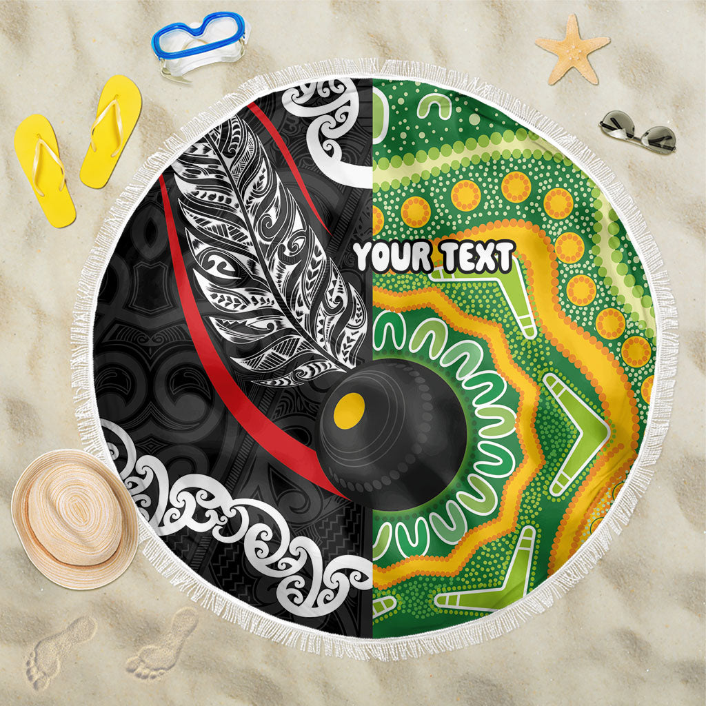 Personalised Aotearoa and Australia Lawn Bowls Beach Blanket Maori Fern and Aboriginal Pattern