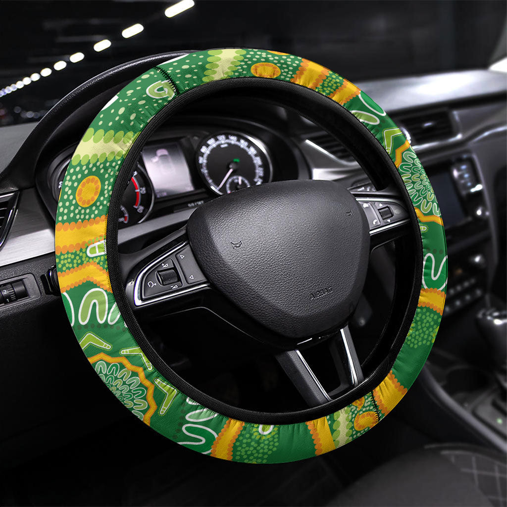 Aotearoa and Australia Lawn Bowls Steering Wheel Cover Maori Fern and Aboriginal Pattern