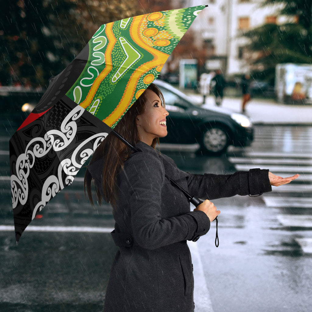 Personalised Aotearoa and Australia Lawn Bowls Umbrella Maori Fern and Aboriginal Pattern LT03 - Polynesian Pride