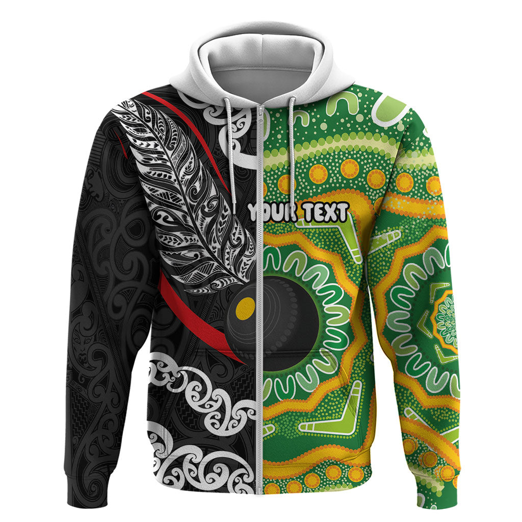 Personalised Aotearoa and Australia Lawn Bowls Zip Hoodie Maori Fern and Aboriginal Pattern