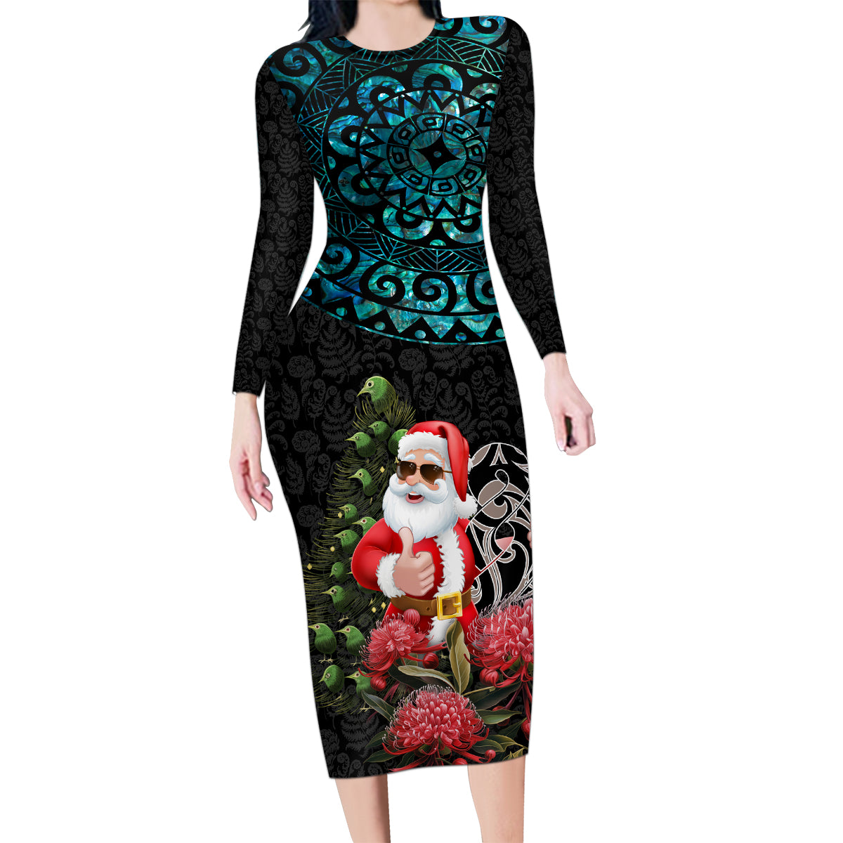 Personalized New Zealand Christmas Family Matching Long Sleeve Bodycon Dress and Hawaiian Shirt Maori Santa Pikorua and Pohutukawa Meri Kirihimete LT03 Mom's Dress Black - Polynesian Pride