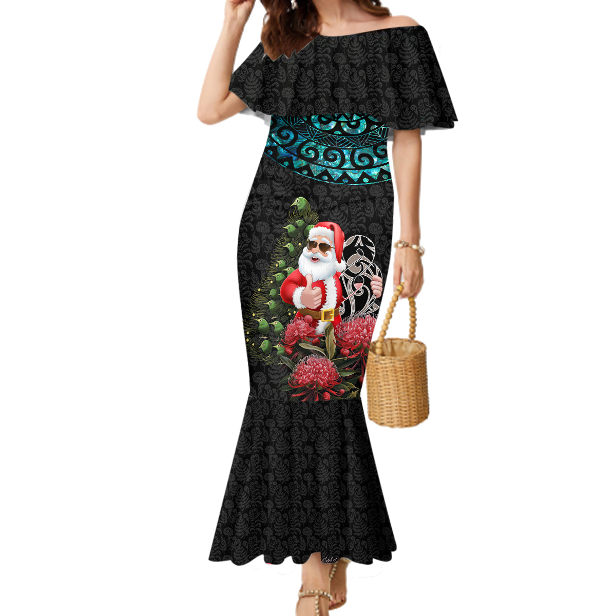 Personalized New Zealand Christmas Family Matching Mermaid Dress and Hawaiian Shirt Maori Santa Pikorua and Pohutukawa Meri Kirihimete LT03 Mom's Dress Black - Polynesian Pride