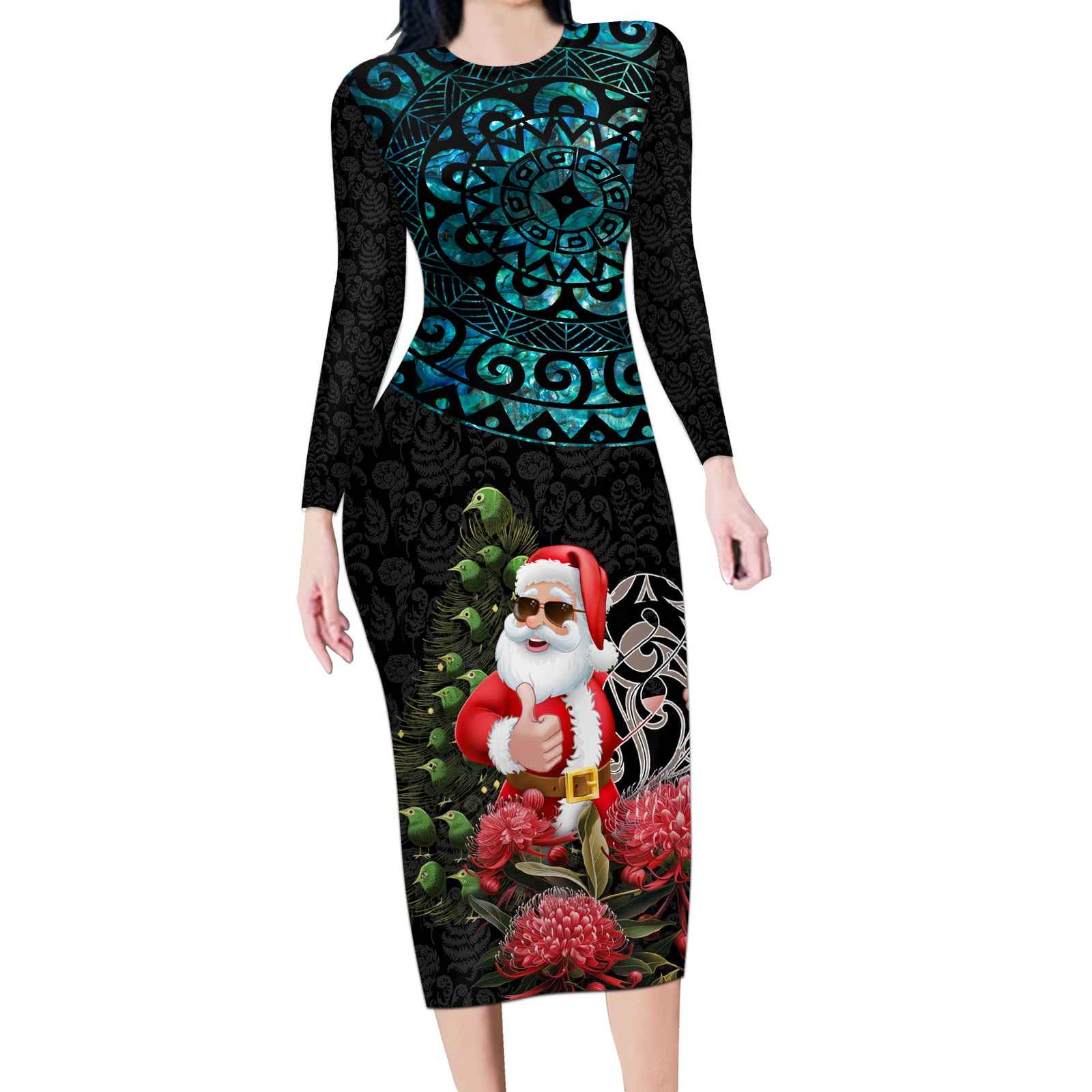 Personalized New Zealand Christmas Long Sleeve Bodycon Dress Maori Santa Pikorua and Pohutukawa Meri Kirihimete LT03 Long Dress Black - Polynesian Pride