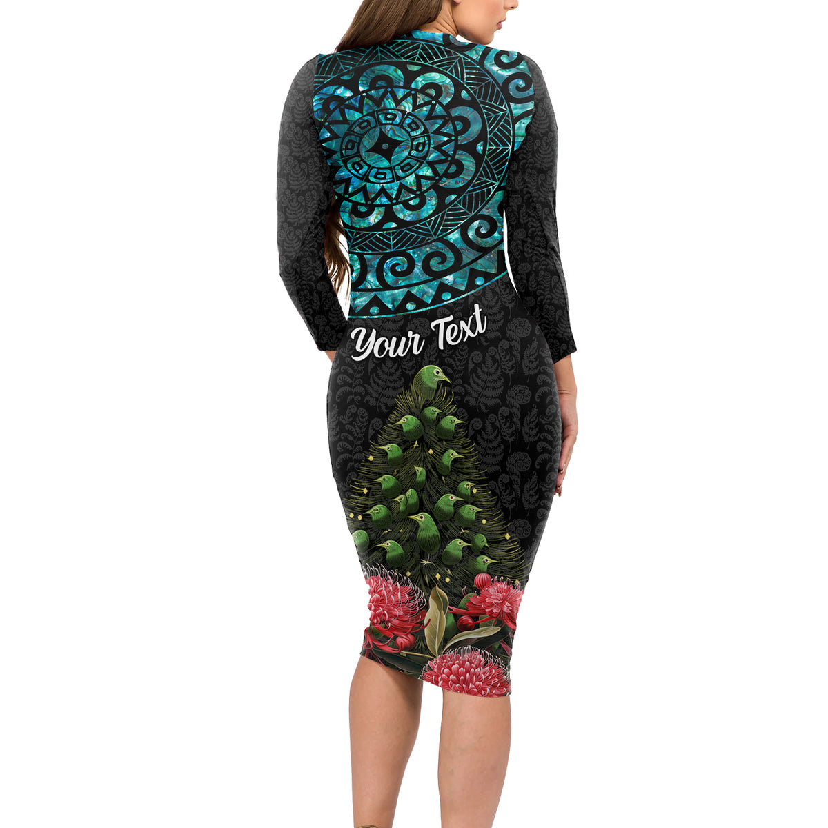 Personalized New Zealand Christmas Long Sleeve Bodycon Dress Maori Santa Pikorua and Pohutukawa Meri Kirihimete LT03 - Polynesian Pride