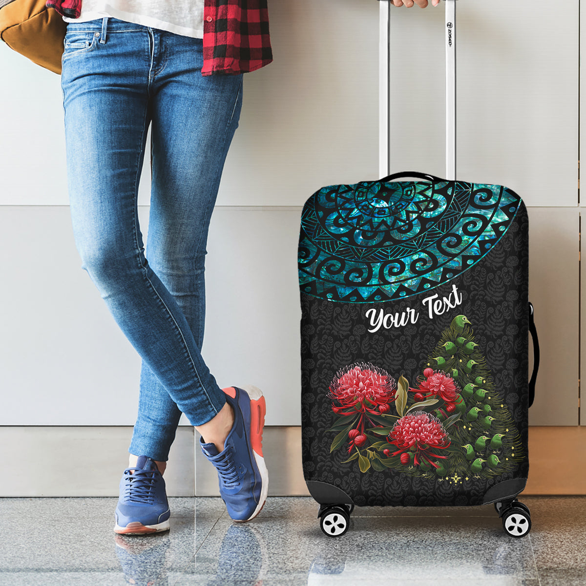 Personalized New Zealand Christmas Luggage Cover Maori Santa Pikorua and Pohutukawa Meri Kirihimete LT03 - Polynesian Pride