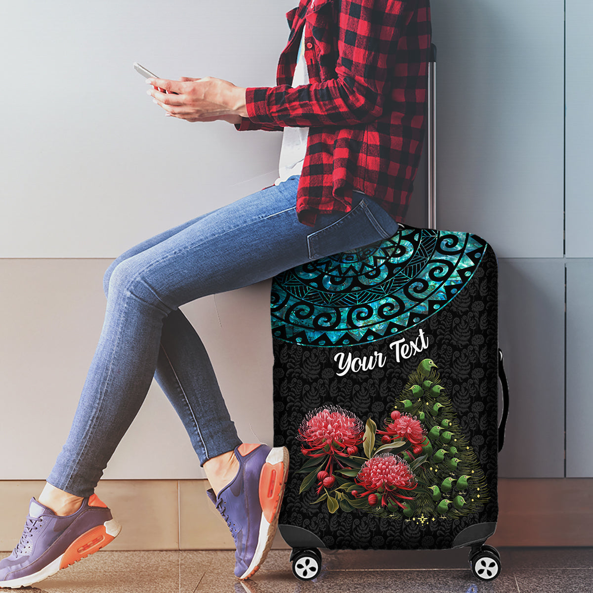 Personalized New Zealand Christmas Luggage Cover Maori Santa Pikorua and Pohutukawa Meri Kirihimete LT03 - Polynesian Pride