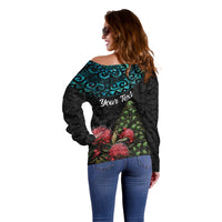 Personalized New Zealand Christmas Off Shoulder Sweater Maori Santa Pikorua and Pohutukawa Meri Kirihimete LT03 - Polynesian Pride