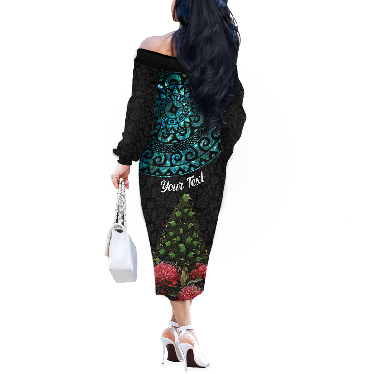 Personalized New Zealand Christmas Off The Shoulder Long Sleeve Dress Maori Santa Pikorua and Pohutukawa Meri Kirihimete LT03 - Polynesian Pride