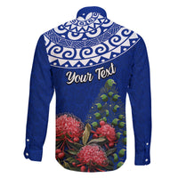 Personalized New Zealand Christmas Family Matching Off Shoulder Long Sleeve Dress and Hawaiian Shirt Maori Santa Pikorua and Pohutukawa Meri Kirihimete Blue LT03 - Polynesian Pride
