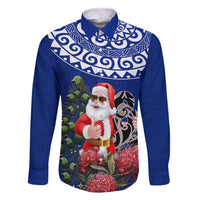 Personalized New Zealand Christmas Family Matching Off Shoulder Maxi Dress and Hawaiian Shirt Maori Santa Pikorua and Pohutukawa Meri Kirihimete Blue LT03 Dad's Shirt - Long Sleeve Blue - Polynesian Pride