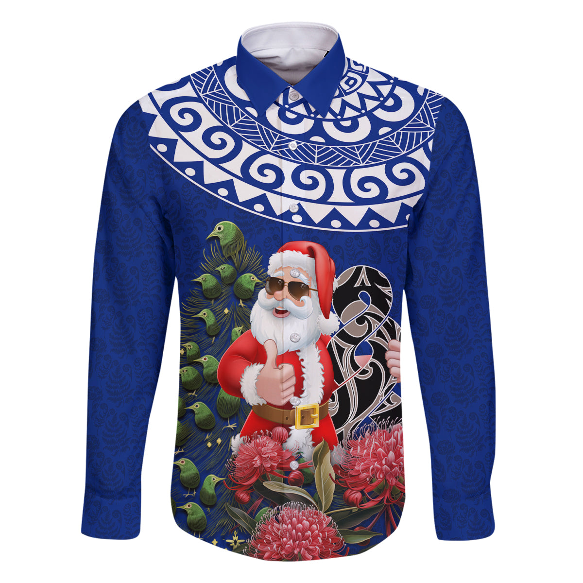 Personalized New Zealand Christmas Family Matching Off Shoulder Short Dress and Hawaiian Shirt Maori Santa Pikorua and Pohutukawa Meri Kirihimete Blue LT03 Dad's Shirt - Long Sleeve Blue - Polynesian Pride