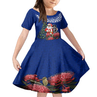 Personalized New Zealand Christmas Family Matching Summer Maxi Dress and Hawaiian Shirt Maori Santa Pikorua and Pohutukawa Meri Kirihimete Blue LT03 Daughter's Dress Blue - Polynesian Pride