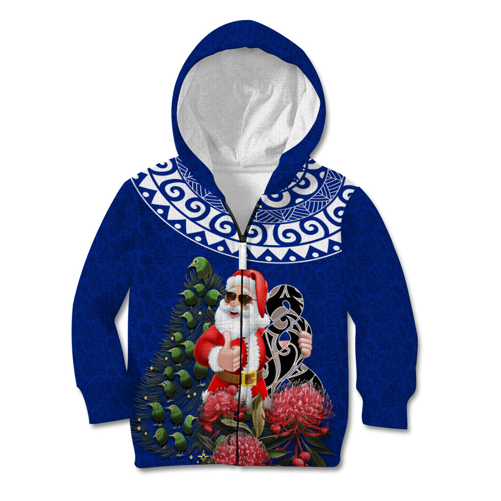 Personalized New Zealand Christmas Kid Hoodie Maori Santa Pikorua and Pohutukawa Meri Kirihimete Blue LT03 Zip Hoodie Blue - Polynesian Pride