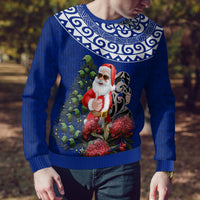 Personalized New Zealand Christmas Ugly Christmas Sweater Maori Santa Pikorua and Pohutukawa Meri Kirihimete Blue LT03 - Polynesian Pride