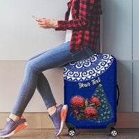 Personalized New Zealand Christmas Luggage Cover Maori Santa Pikorua and Pohutukawa Meri Kirihimete Blue LT03 - Polynesian Pride