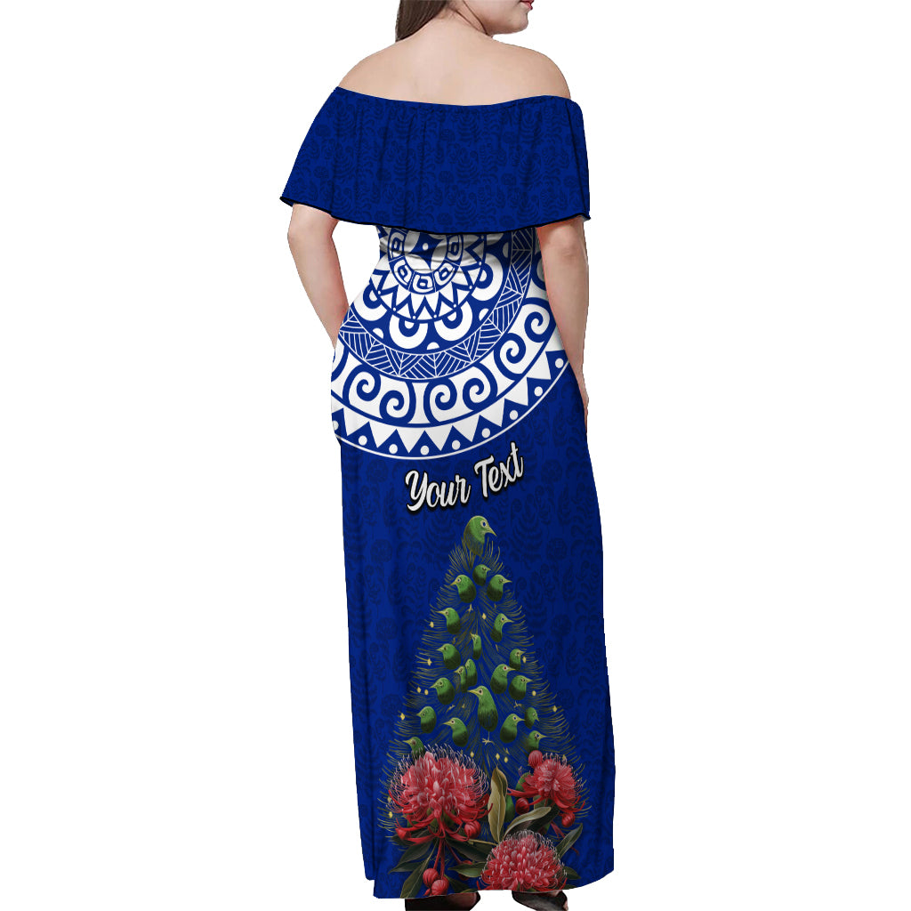 Personalized New Zealand Christmas Off Shoulder Maxi Dress Maori Santa Pikorua and Pohutukawa Meri Kirihimete Blue LT03 - Polynesian Pride