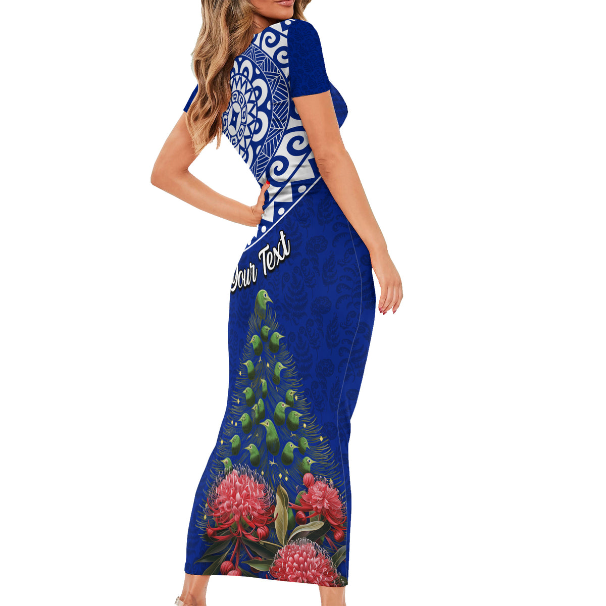 Personalized New Zealand Christmas Short Sleeve Bodycon Dress Maori Santa Pikorua and Pohutukawa Meri Kirihimete Blue LT03 - Polynesian Pride