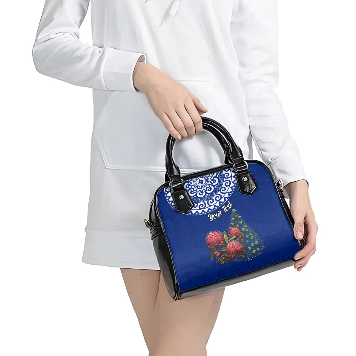Personalized New Zealand Christmas Shoulder Handbag Maori Santa Pikorua and Pohutukawa Meri Kirihimete Blue LT03 - Polynesian Pride