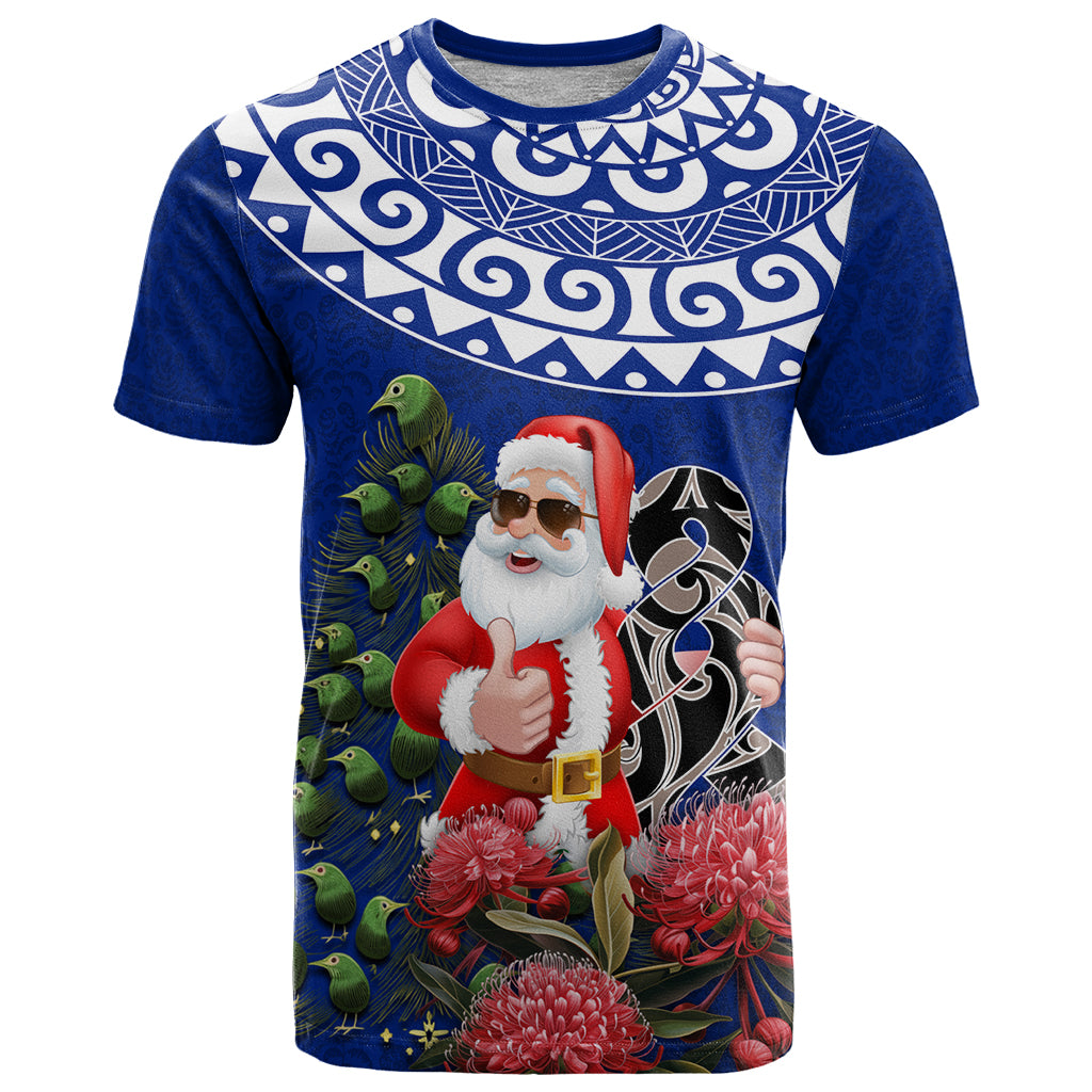 Personalized New Zealand Christmas T Shirt Maori Santa Pikorua and Pohutukawa Meri Kirihimete Blue LT03 Blue - Polynesian Pride
