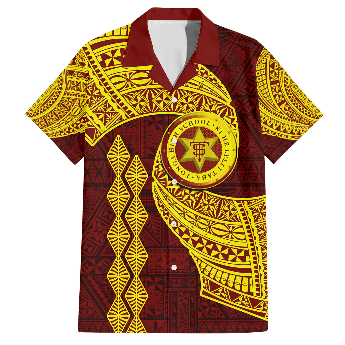 Tonga High School Family Matching Off Shoulder Maxi Dress and Hawaiian Shirt Traditional Ngatu and Polynesian Pattern LT03 Dad's Shirt - Short Sleeve Yellow - Polynesian Pride