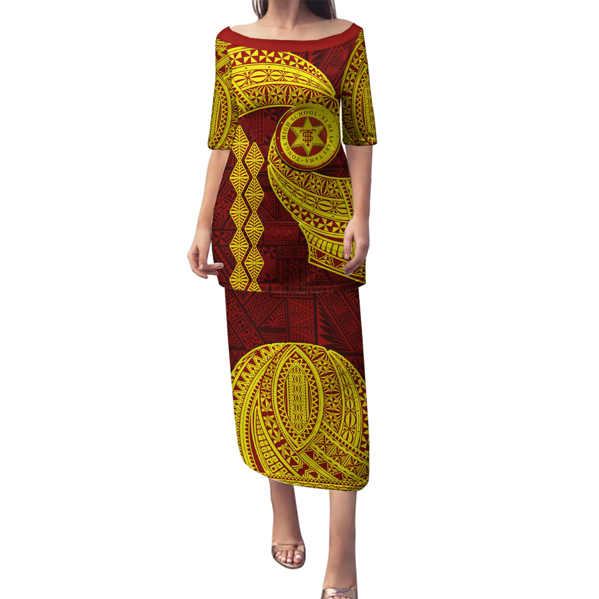 Tonga High School Family Matching Puletasi Dress and Hawaiian Shirt Traditional Ngatu and Polynesian Pattern LT03 Mom's Dress Yellow - Polynesian Pride