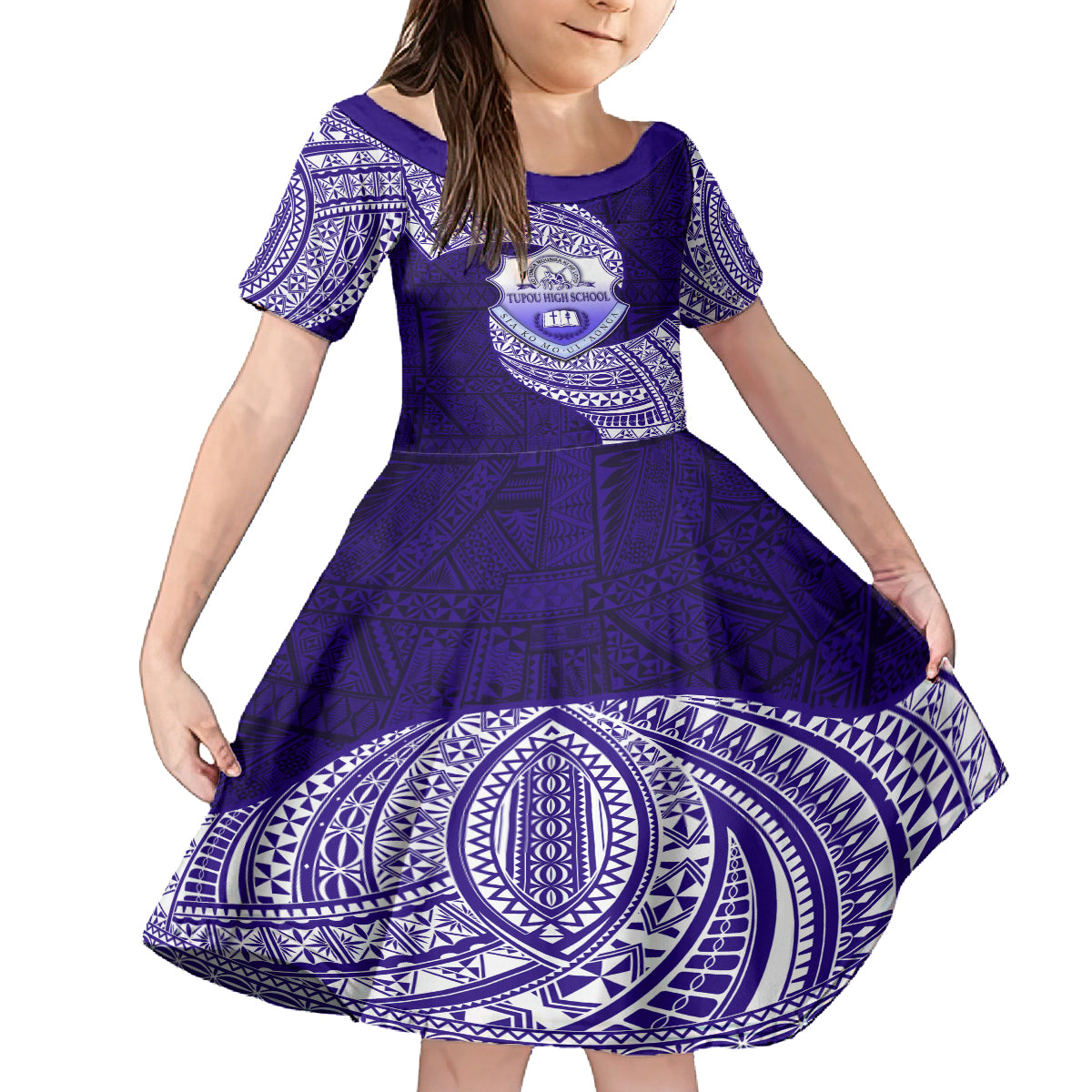 Tonga Tupou High School Family Matching Off Shoulder Short Dress and Hawaiian Shirt Traditional Ngatu and Polynesian Pattern LT03 Daughter's Dress Blue - Polynesian Pride