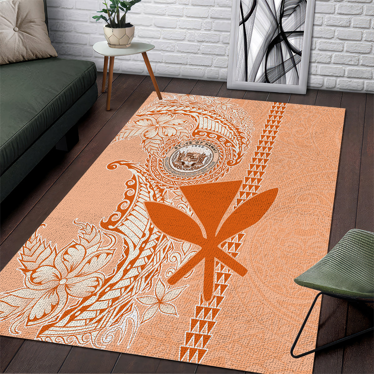 Kanaka Maoli Tropical Flowers with Kakau Tribal Area Rug Peach Fuzz Color LT03 Peach Fuzz - Polynesian Pride