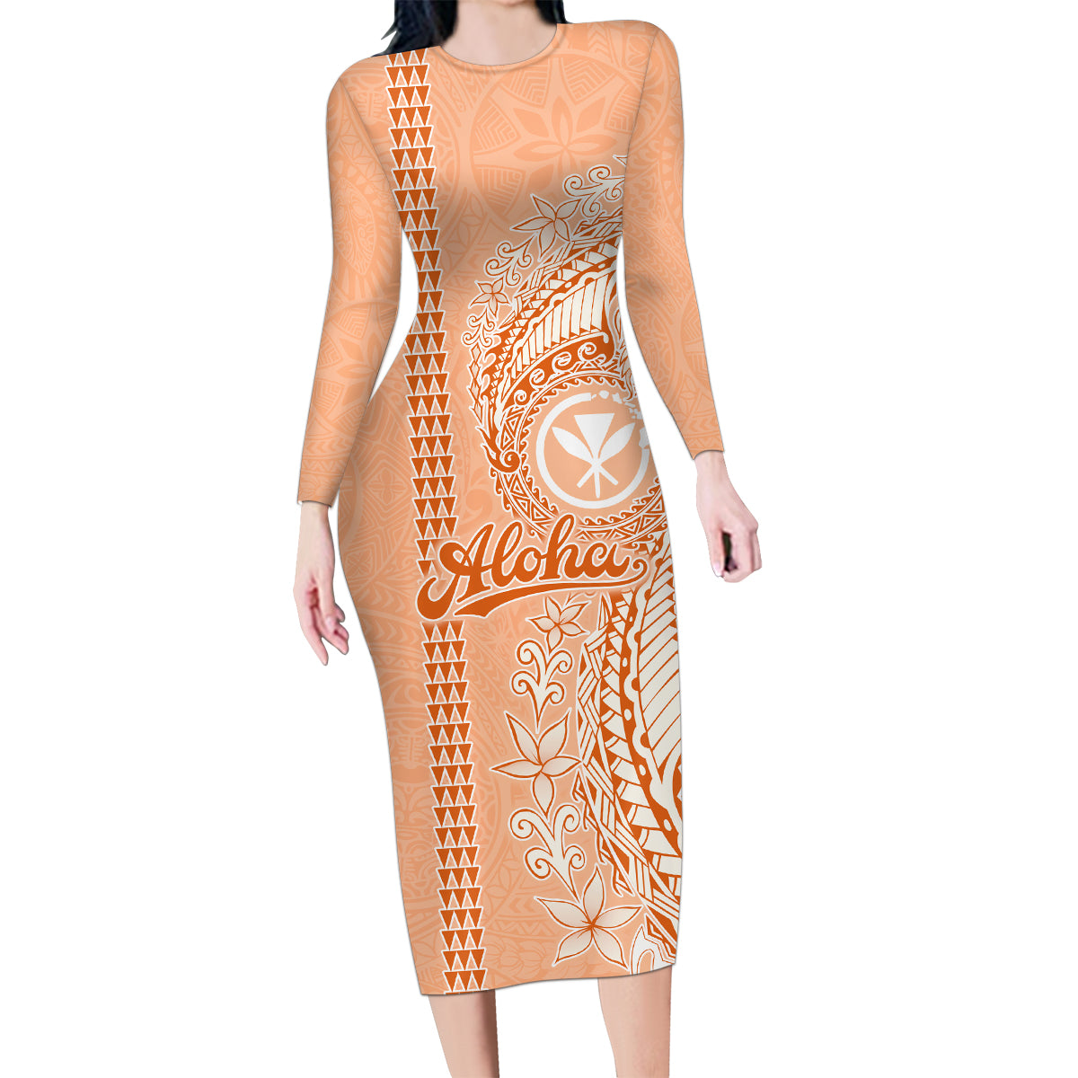 Kanaka Maoli Tropical Flowers with Kakau Tribal Family Matching Long Sleeve Bodycon Dress and Hawaiian Shirt Peach Fuzz Color LT03 Mom's Dress Peach Fuzz - Polynesian Pride