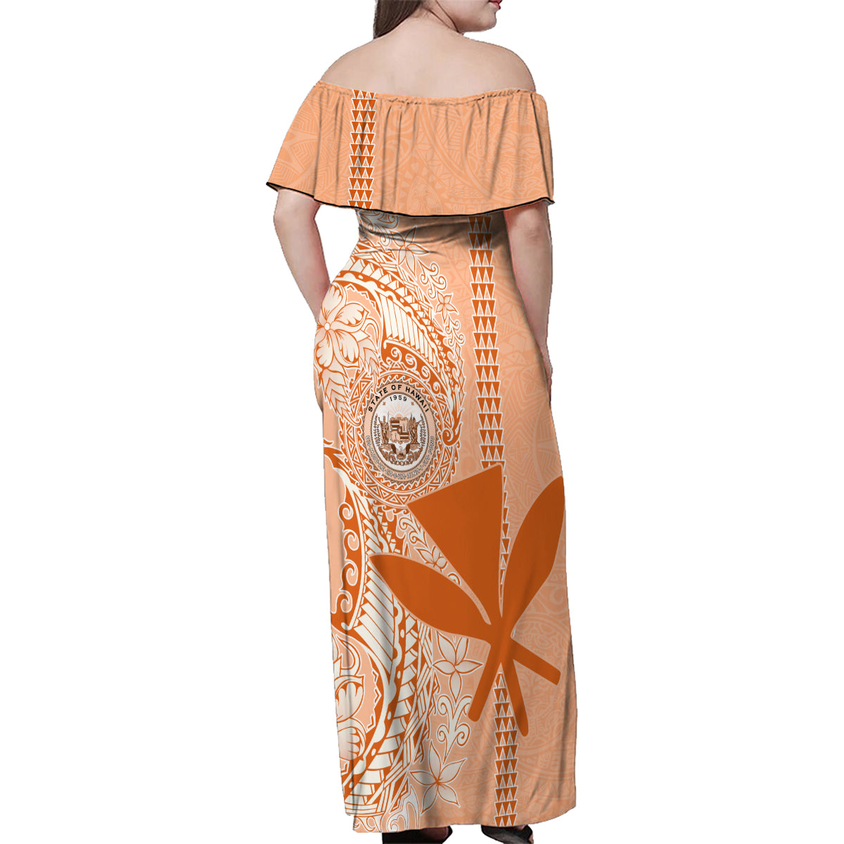 Kanaka Maoli Tropical Flowers with Kakau Tribal Family Matching Off Shoulder Maxi Dress and Hawaiian Shirt Peach Fuzz Color LT03 - Polynesian Pride