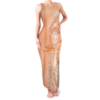 Kanaka Maoli Tropical Flowers with Kakau Tribal Family Matching Tank Maxi Dress and Hawaiian Shirt Peach Fuzz Color LT03 Mom's Dress Peach Fuzz - Polynesian Pride