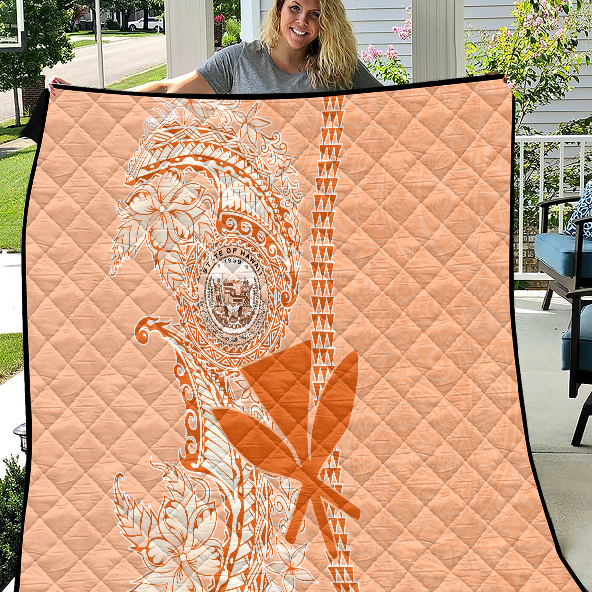 Kanaka Maoli Tropical Flowers with Kakau Tribal Quilt Peach Fuzz Color LT03 Peach Fuzz - Polynesian Pride