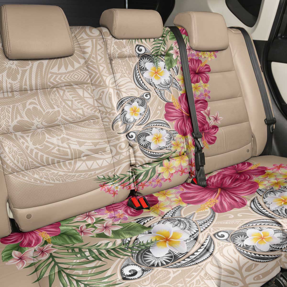 Hawaiian Tropical Flowers and Tribal Turtles Back Car Seat Cover Polynesian Art Motifs Beige Color LT03 - Polynesian Pride