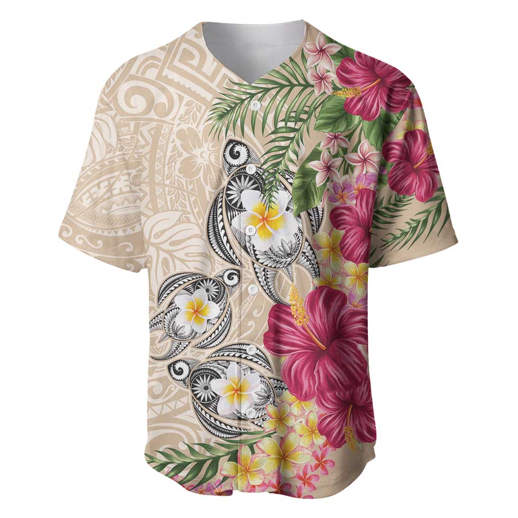 Hawaiian Tropical Flowers and Tribal Turtles Baseball Jersey Polynesian Art Motifs Beige Color - Polynesian Pride