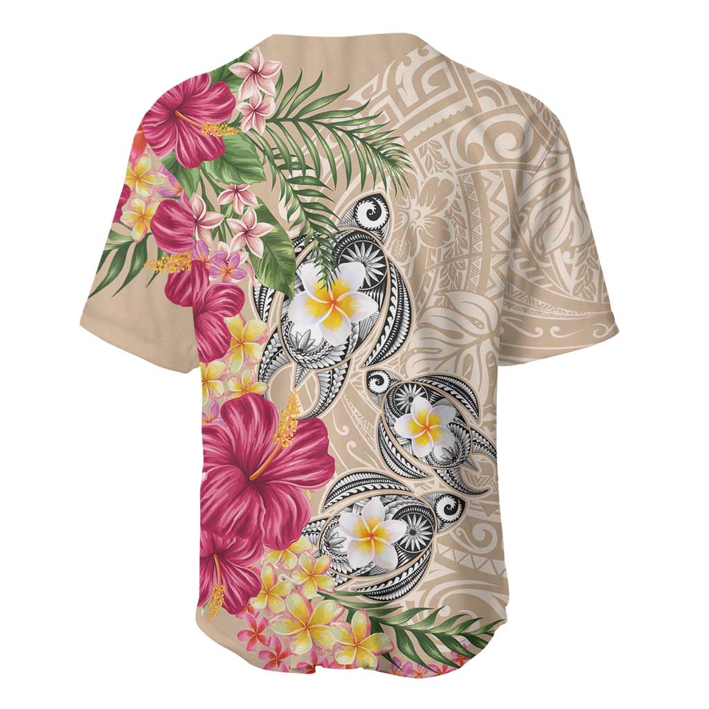 Hawaiian Tropical Flowers and Tribal Turtles Baseball Jersey Polynesian Art Motifs Beige Color - Polynesian Pride