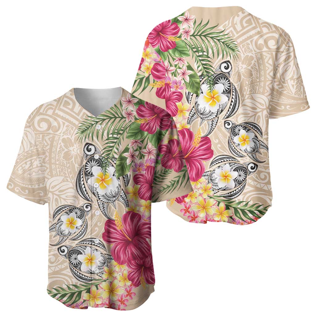 Hawaiian Tropical Flowers and Tribal Turtles Baseball Jersey Polynesian Art Motifs Beige Color - Polynesian Pride