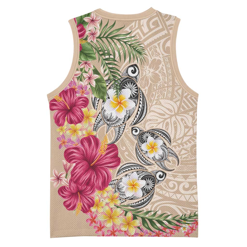 Hawaiian Tropical Flowers and Tribal Turtles Basketball Jersey Polynesian Art Motifs Beige Color LT03 - Polynesian Pride