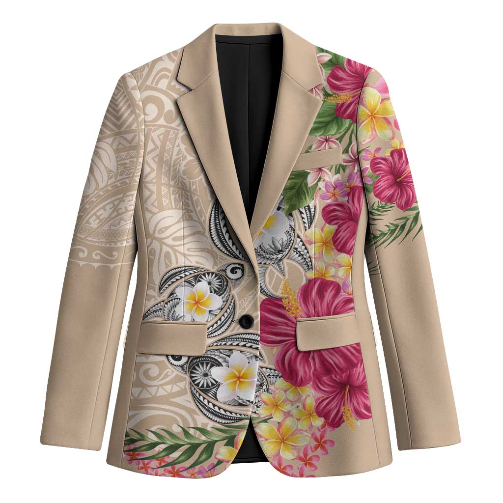 Hawaiian Tropical Flowers and Tribal Turtles Blazer Polynesian Art Motifs Beige Color LT03 Unisex Beige - Polynesian Pride