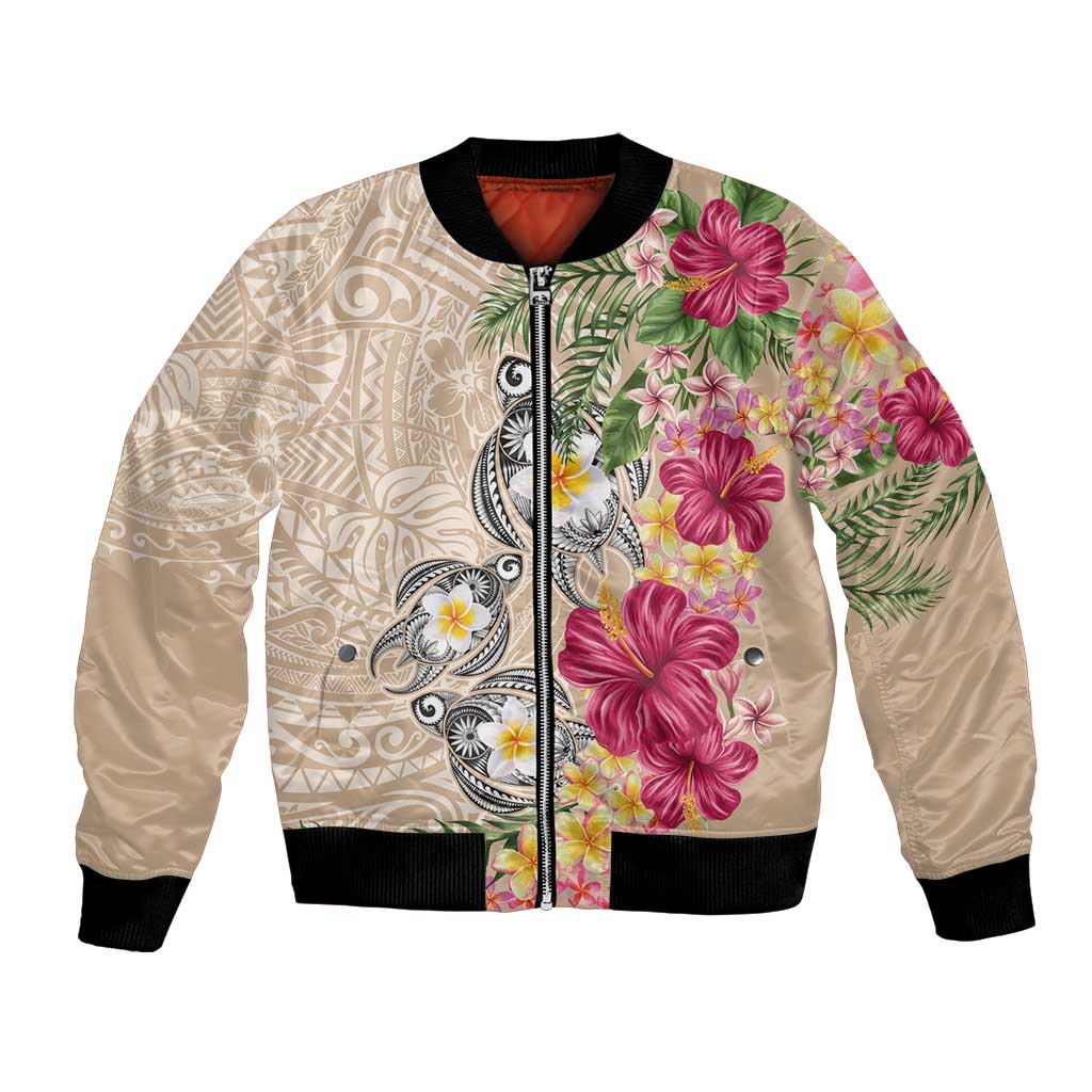 Hawaiian Tropical Flowers and Tribal Turtles Bomber Jacket Polynesian Art Motifs Beige Color LT03 Unisex Beige - Polynesian Pride