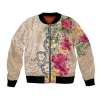 Hawaiian Tropical Flowers and Tribal Turtles Bomber Jacket Polynesian Art Motifs Beige Color LT03 Unisex Beige - Polynesian Pride