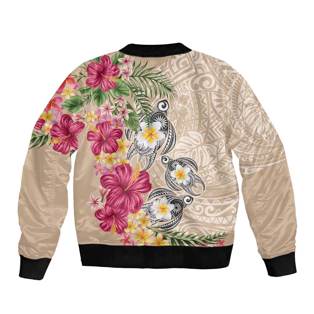 Hawaiian Tropical Flowers and Tribal Turtles Bomber Jacket Polynesian Art Motifs Beige Color LT03 - Polynesian Pride