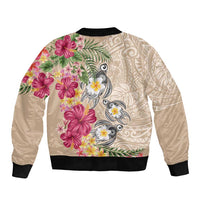 Hawaiian Tropical Flowers and Tribal Turtles Bomber Jacket Polynesian Art Motifs Beige Color LT03 - Polynesian Pride