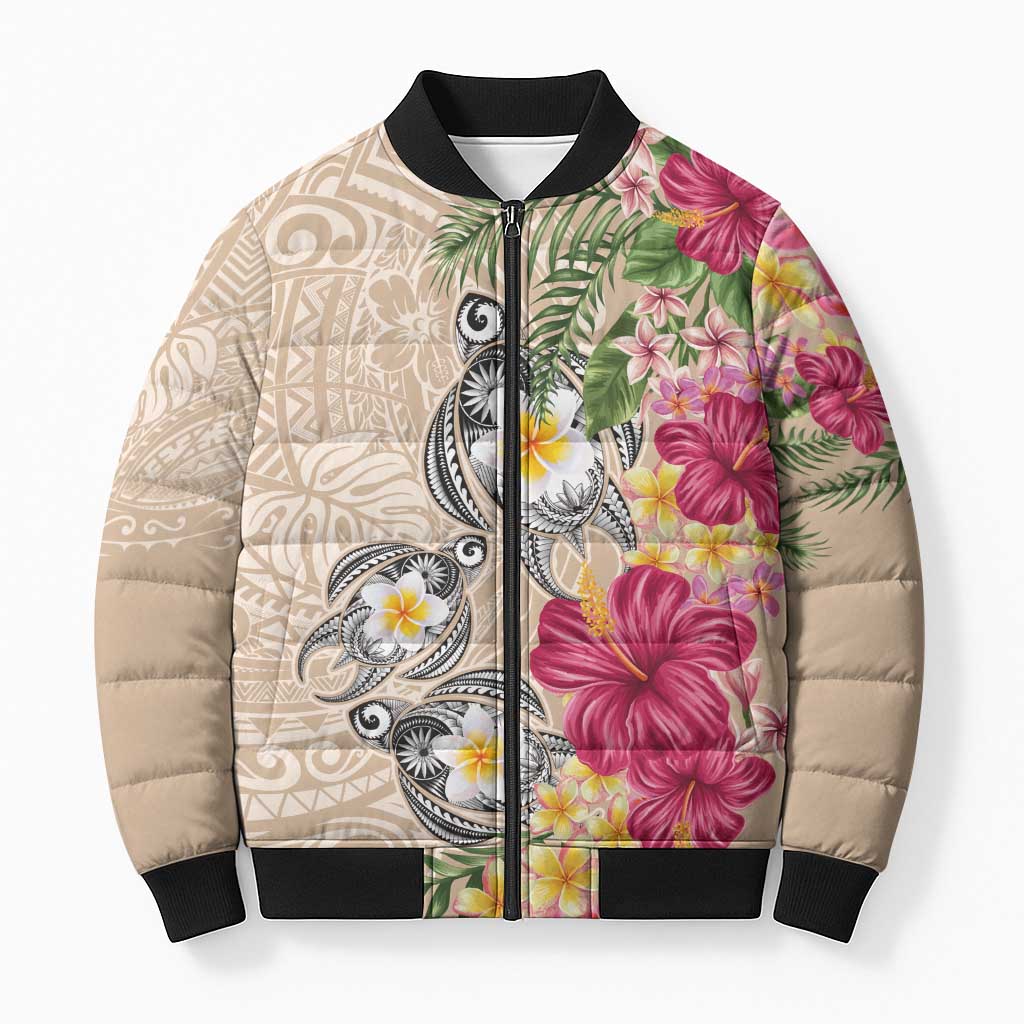 Hawaiian Tropical Flowers and Tribal Turtles Bomber Puffer Jacket Polynesian Art Motifs Beige Color LT03 Unisex Beige - Polynesian Pride