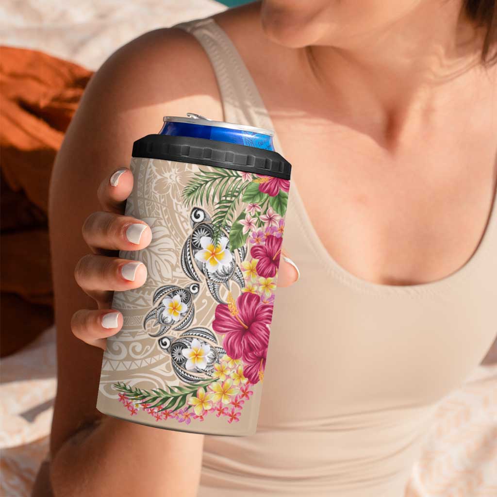 Hawaiian Tropical Flowers and Tribal Turtles 4 in 1 Can Cooler Tumbler Polynesian Art Motifs Beige Color LT03 - Polynesian Pride